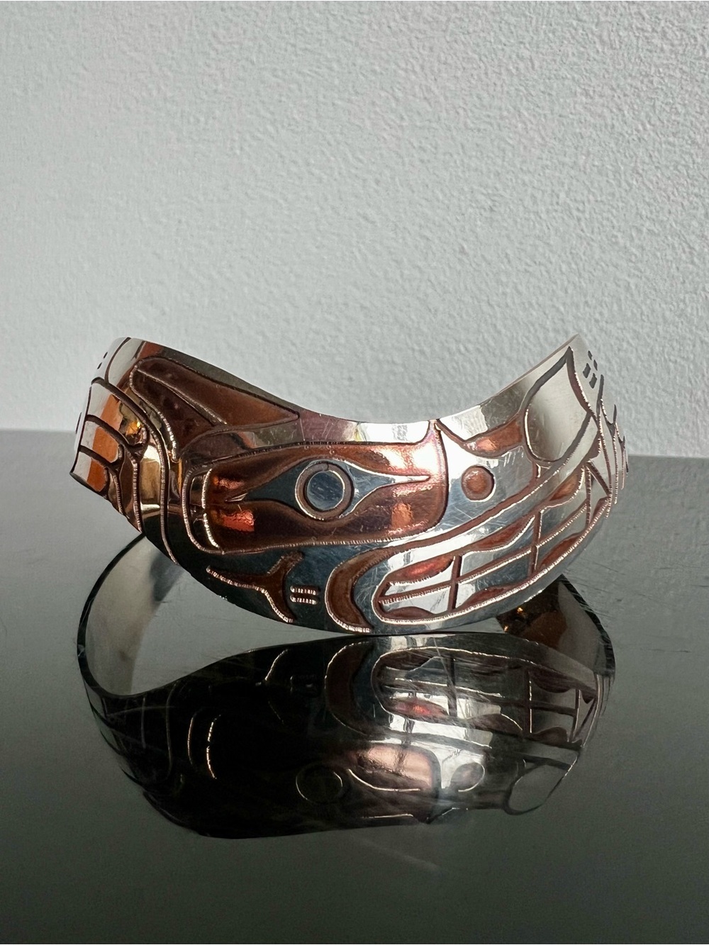 Pacific Northwest Indigenous Silver and Copper Cuff, by Harold Alfred (Sea Wolf)